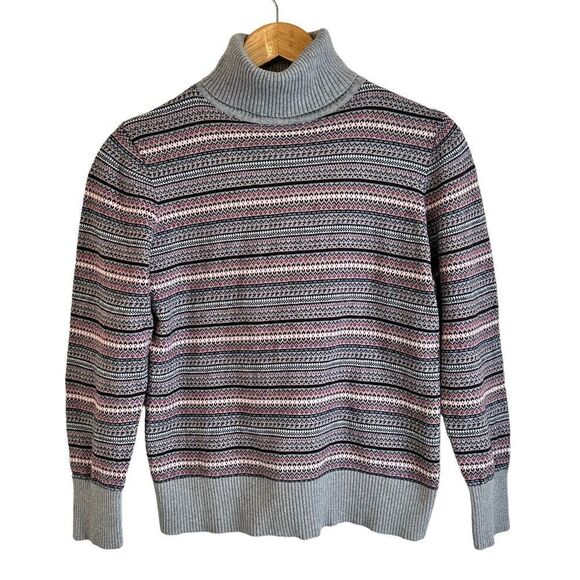 LL Bean Grey and Pink Fair Isle Cotton Cashmere Blend Turtle Neck Sweater - Picture 1 of 7